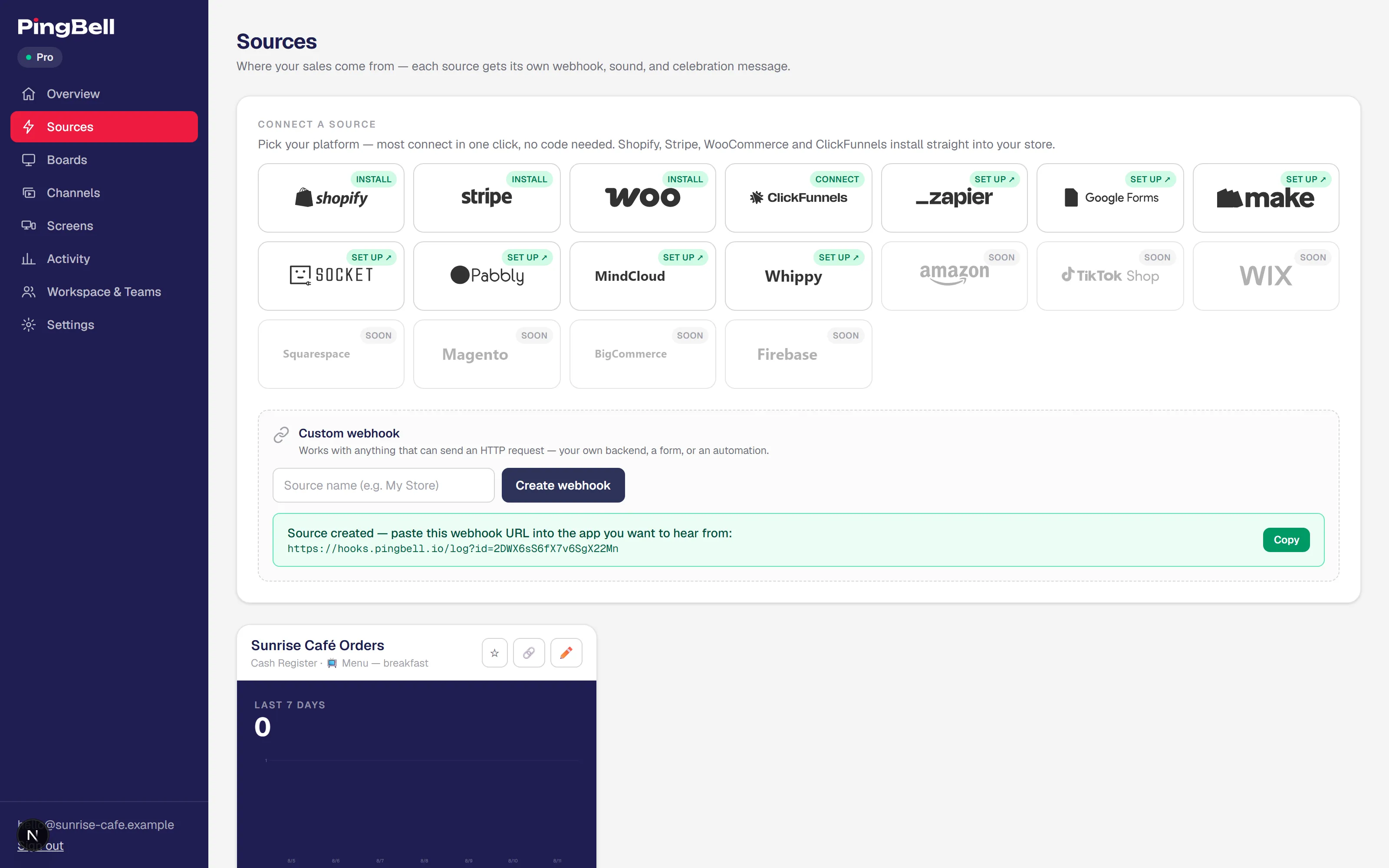 The Sources page: Sunrise Café Orders connected, with its unique webhook URL and one-click app tiles for Shopify, Stripe, WooCommerce and more