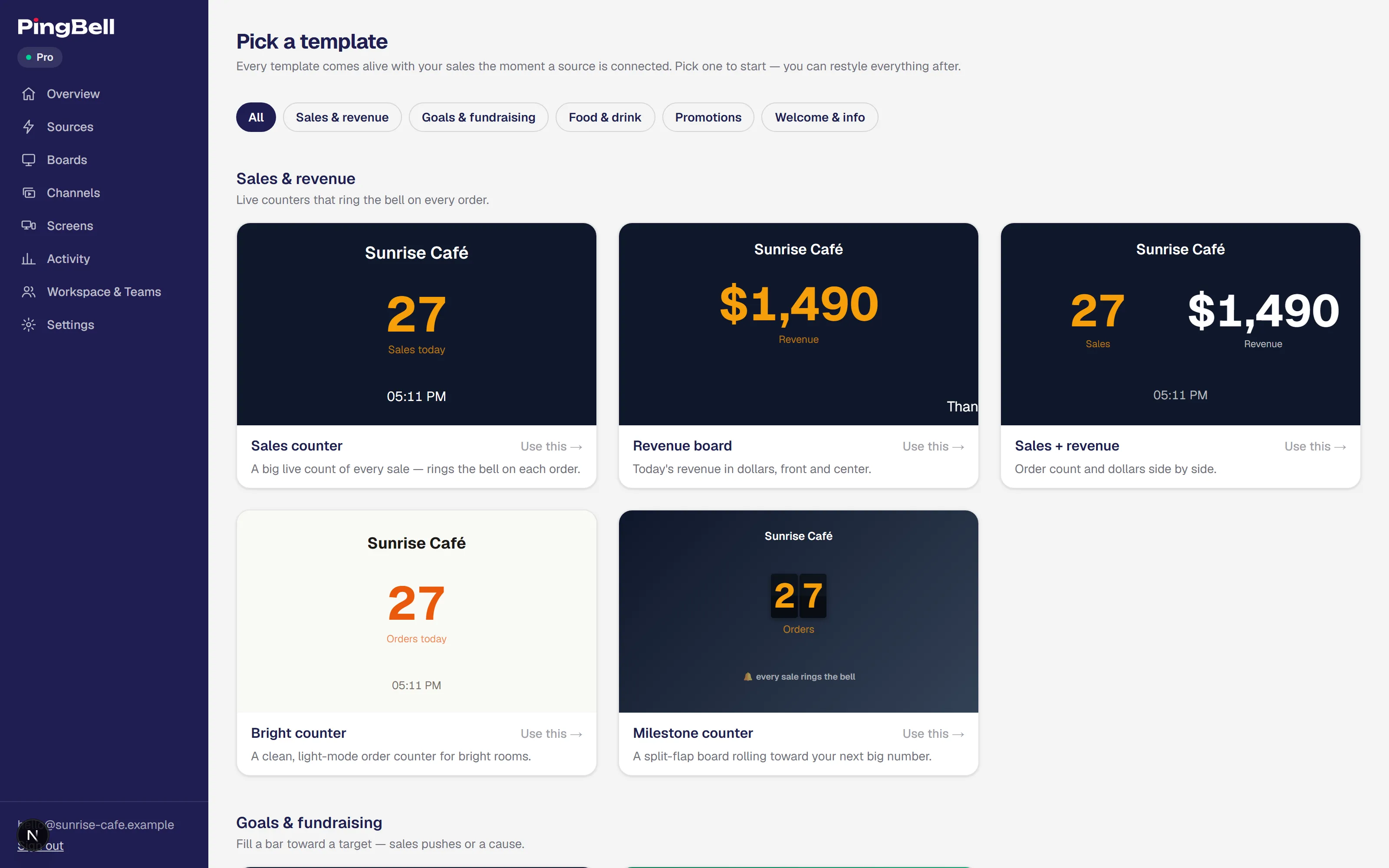 The template picker showing ready-made board layouts
