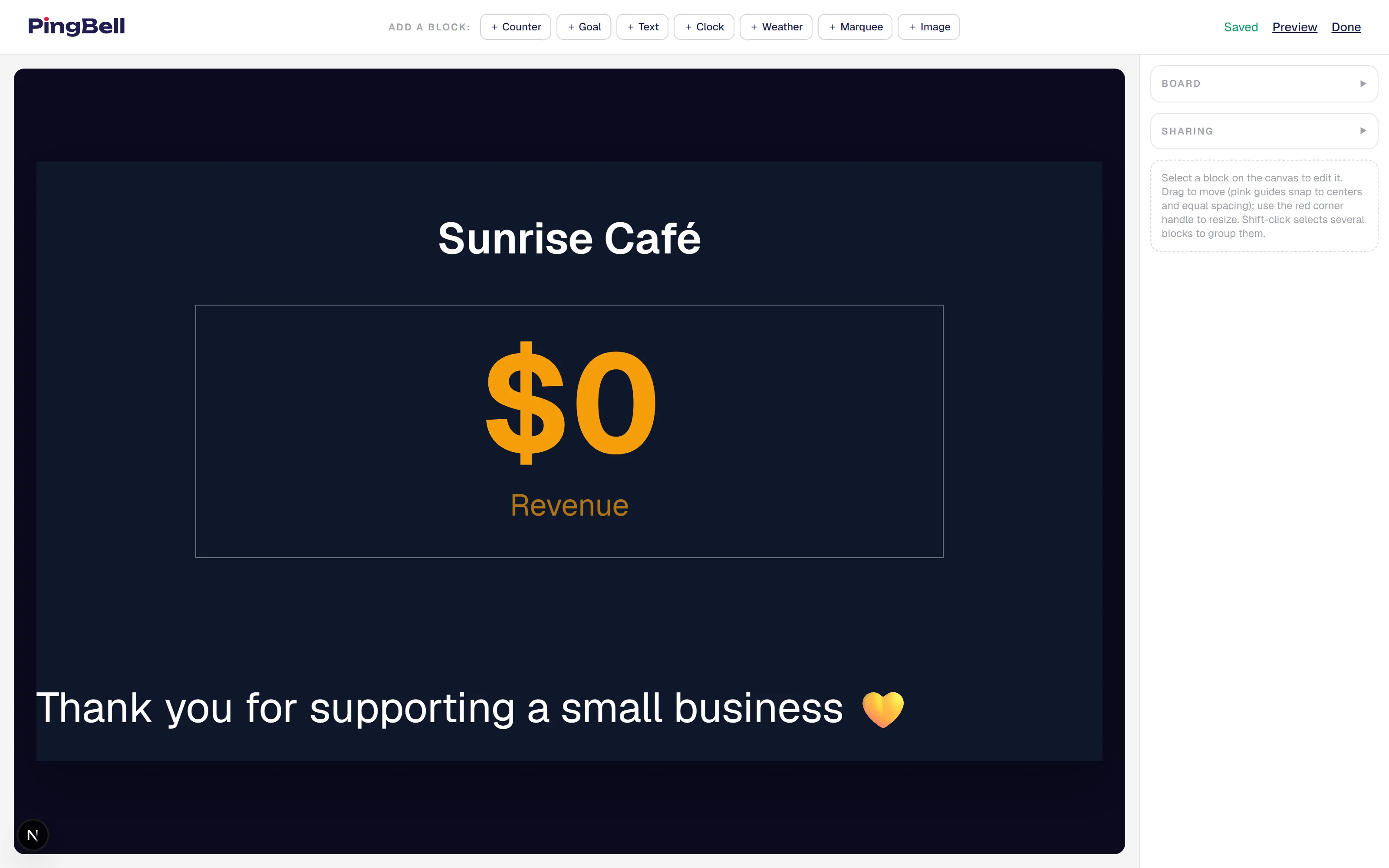 The board editor with Sunrise Café's revenue board on the canvas — block toolbar on top, board settings on the right