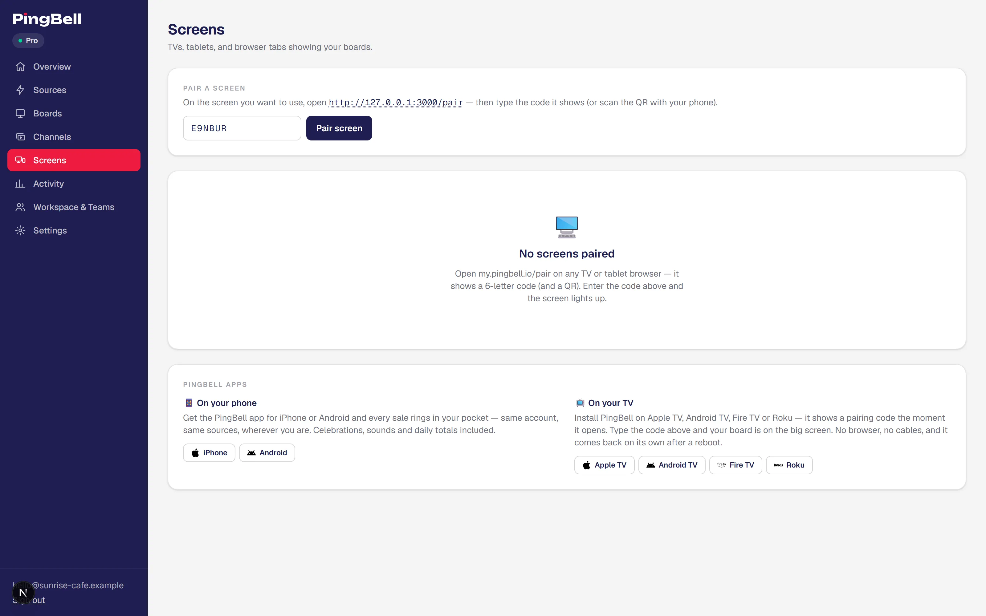 The Screens page with the pairing box