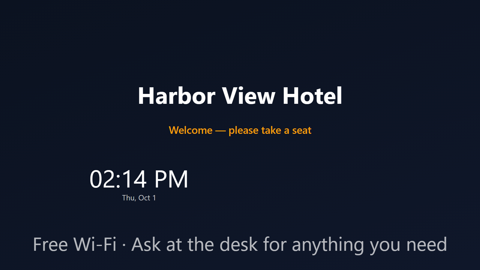 Lobby welcome screen with clock and weather on a TV