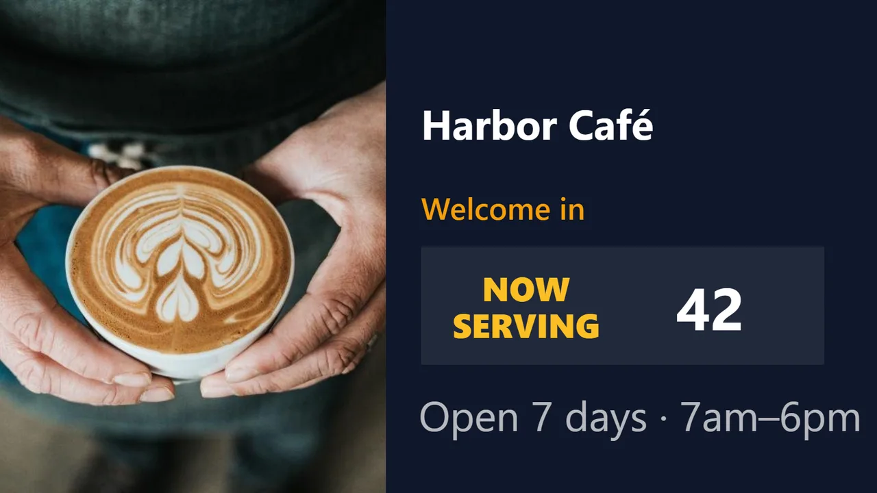 A PingBell board on a TV: Café · welcome and now serving