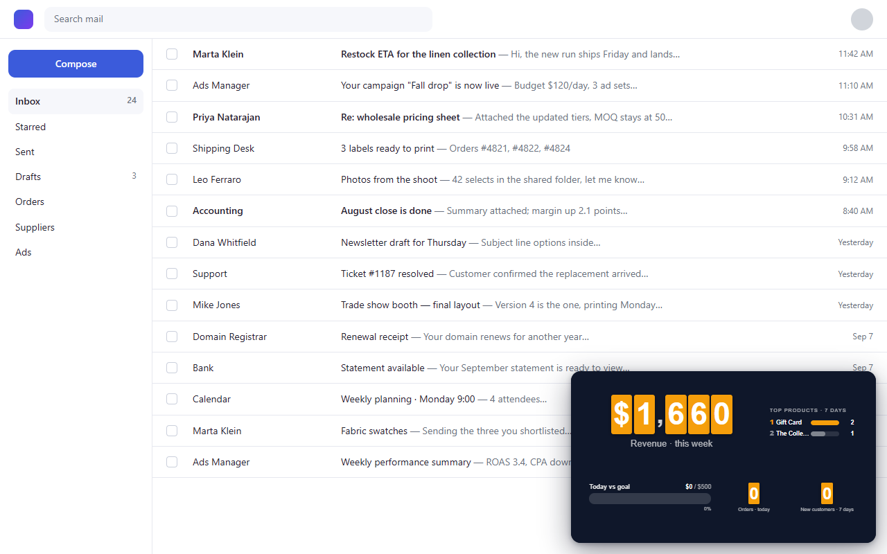 A PingBell sales board in the bottom-right corner of an email inbox.
